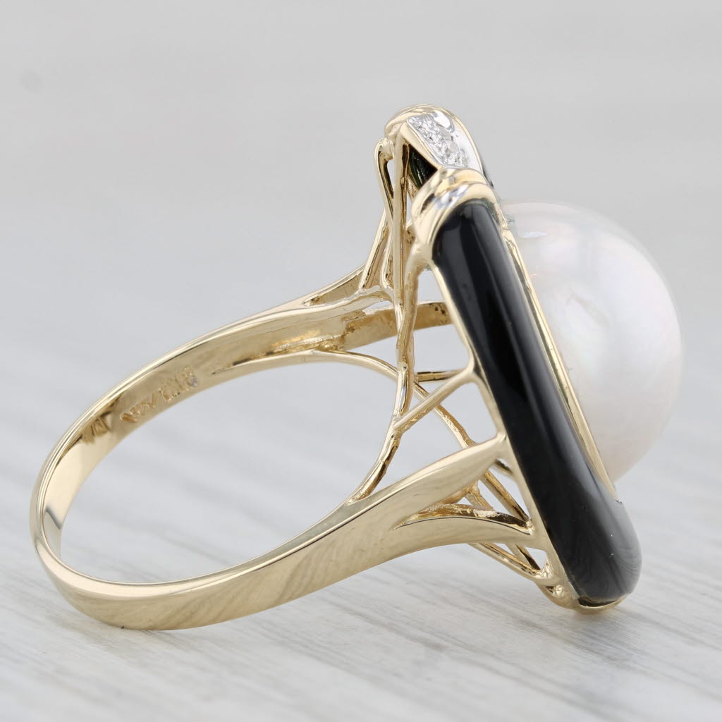 Light Gray Mabe Pearl Diamond Onyx Ring 14k Yellow Gold Size 8 Cocktail