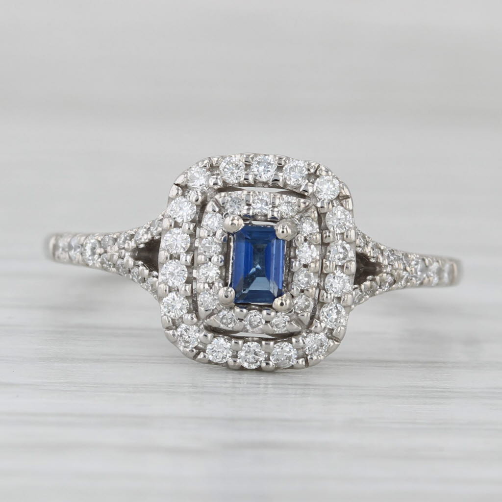Light Gray 0.55ctw Blue Sapphire Diamond Halo Ring 14k White Gold Size 6.75 Engagement