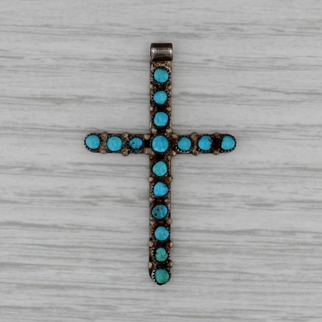 Vintage Native American Turquoise Cross Pendant Sterling Silver