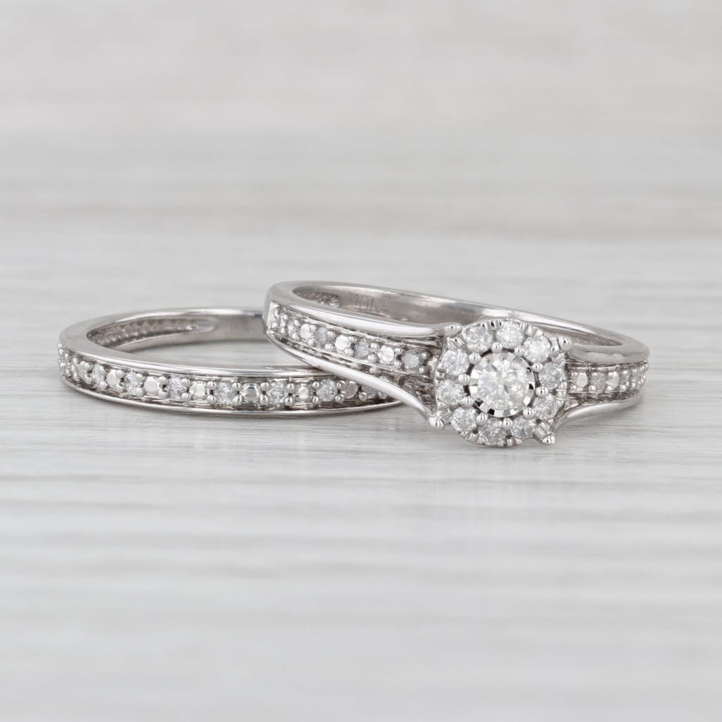 0.22ctw Diamond Halo Engagement Ring Wedding Band Sz 7 10k White Gold Bridal Set