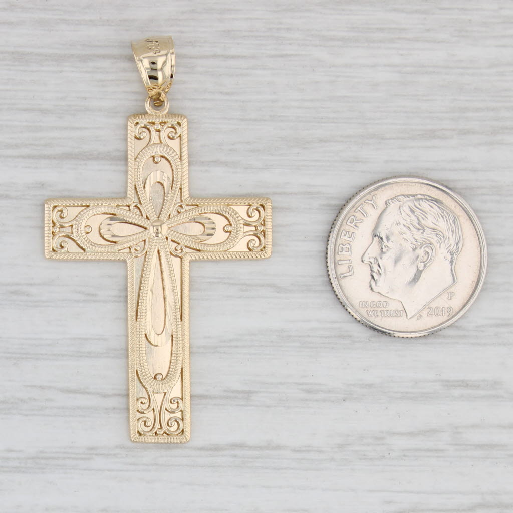 Light Gray Ornate Prayer of Serenity Cross Pendant 14k Yellow Gold Religious Jewelry