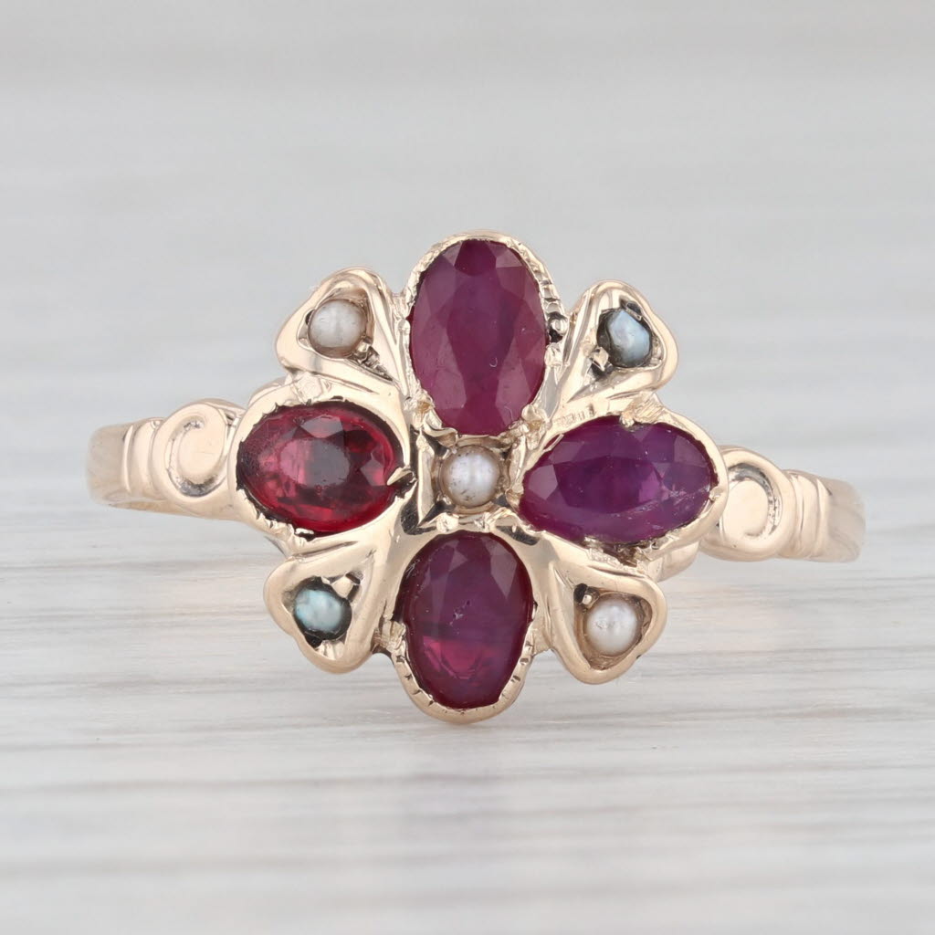 Light Gray Antique Ruby Garnet Pearl Flower Ring 10k Yellow Gold Size 8.25