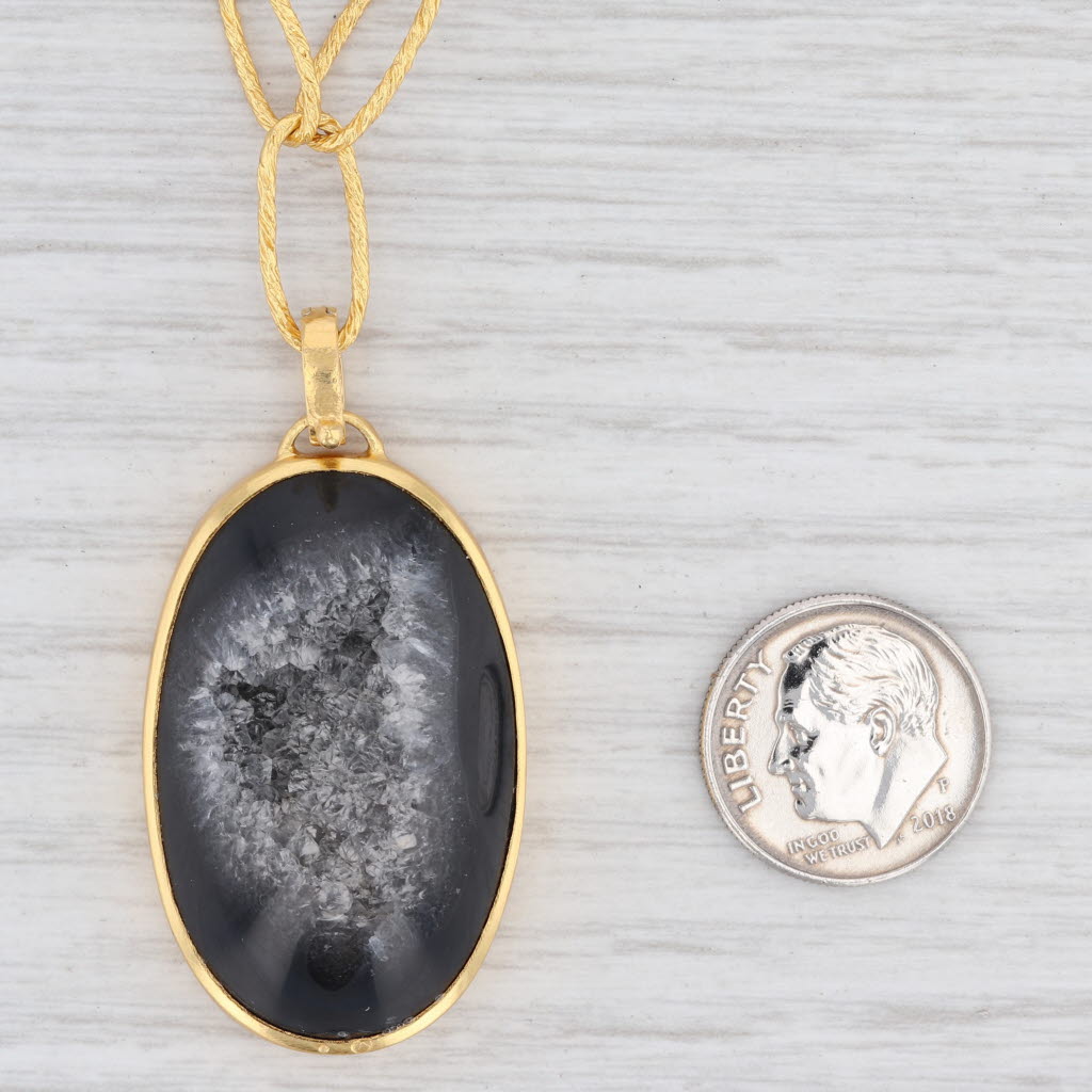 New Nina Wynn Druzy Geode Quartz Pendant Necklace Sterling Gold Vermeil 20.5"