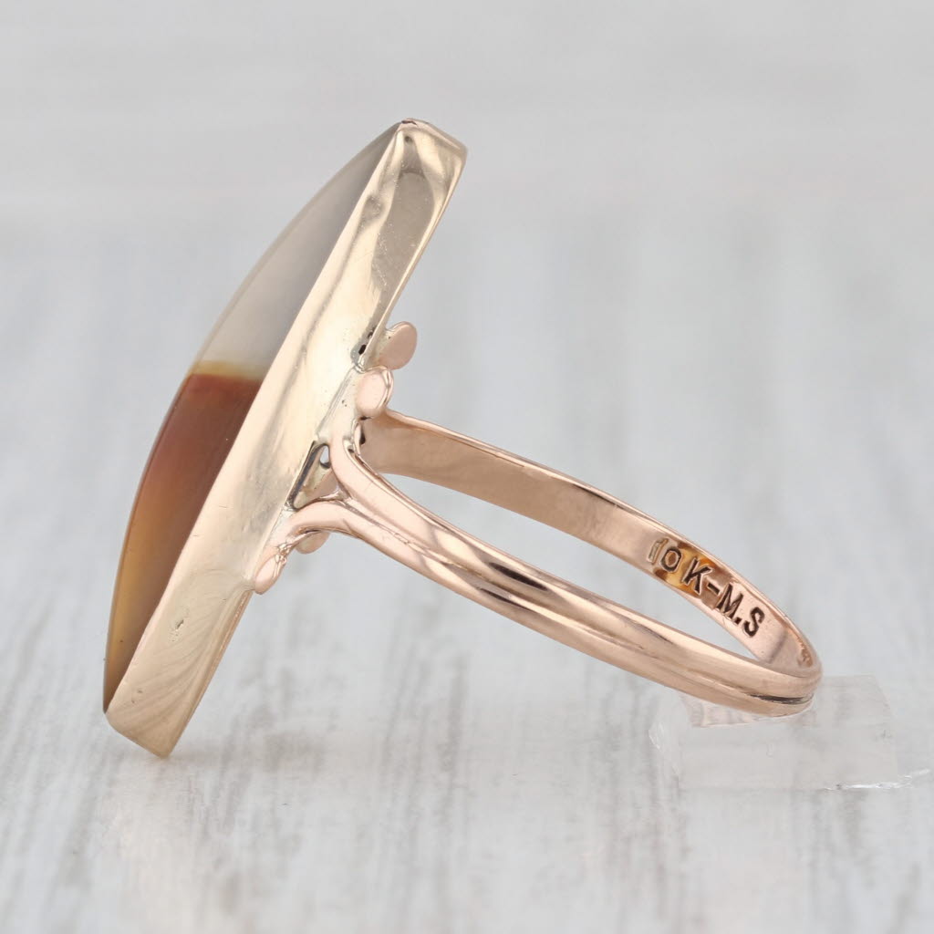 Vintage Brown White Agate Chalcedony Navette Cabochon Ring 10k Rose Gold Size 7