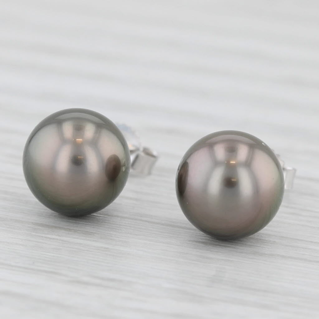 Light Gray Black Cultured Pearl Solitaire Stud Earrings 14k White Gold Round Bead Studs