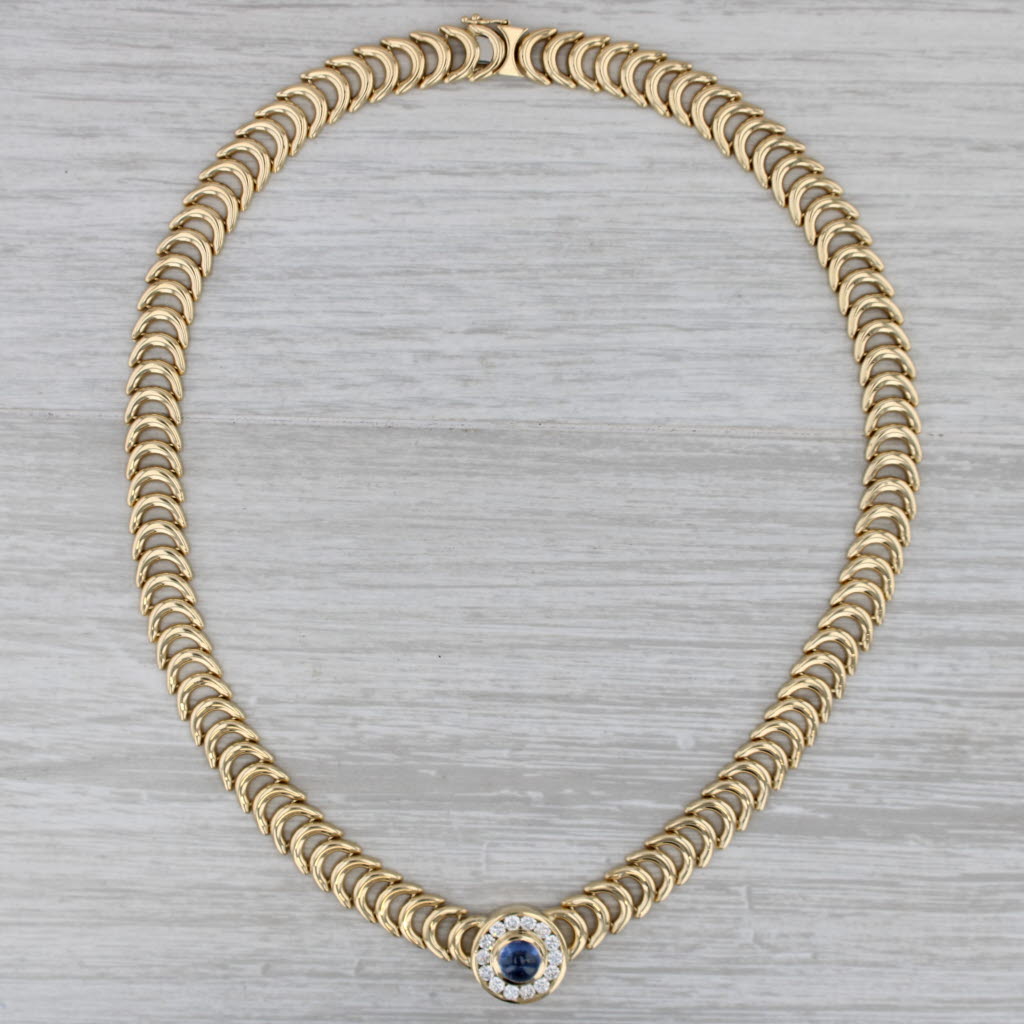 Gray Vintage Blue Sapphire Diamond Halo Crescent Link Necklace 18k Yellow Gold 15.25"