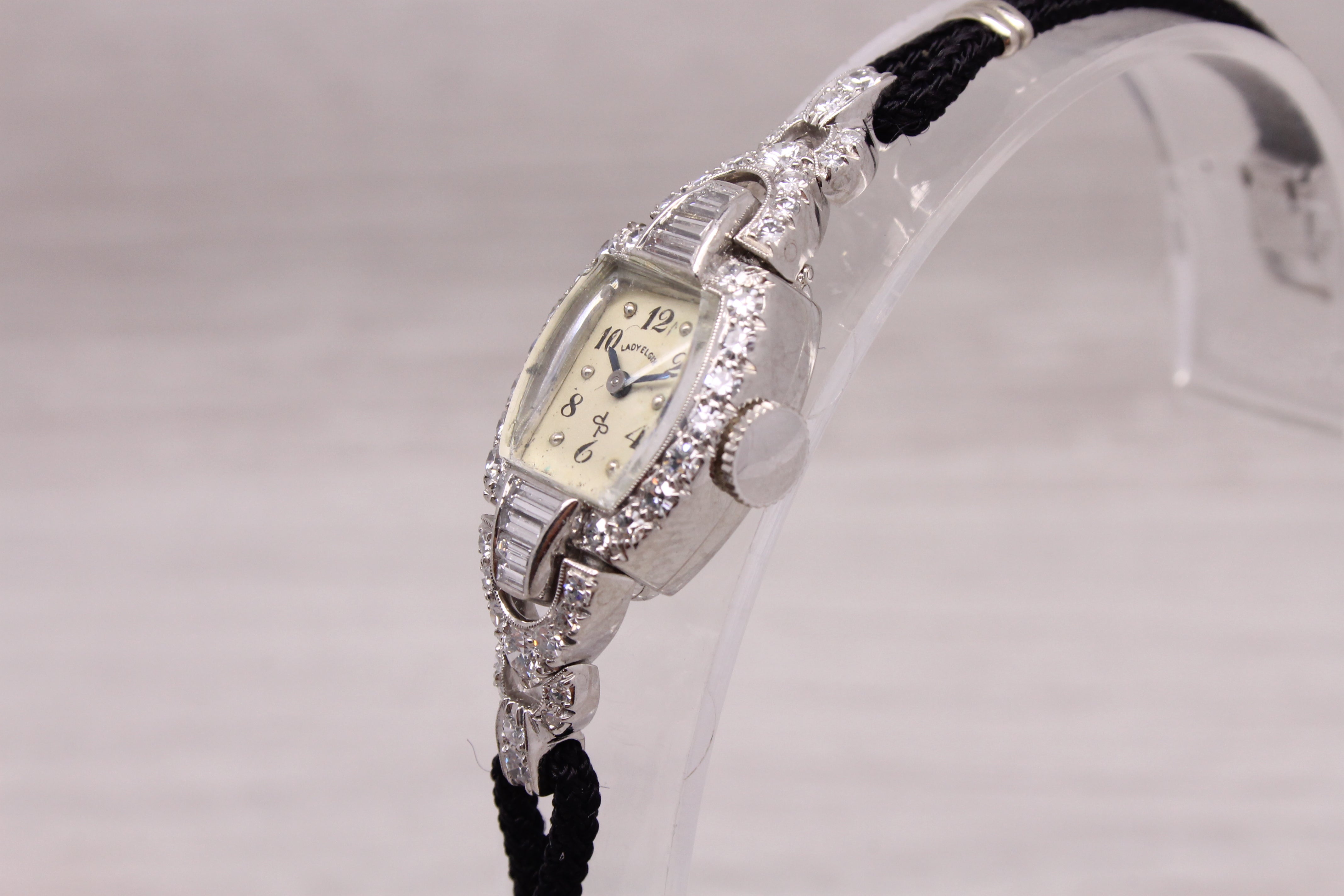 Vintage Lady Elgin Platinum 1ctw Diamond Art Deco Ladies Wrist Watch Serviced