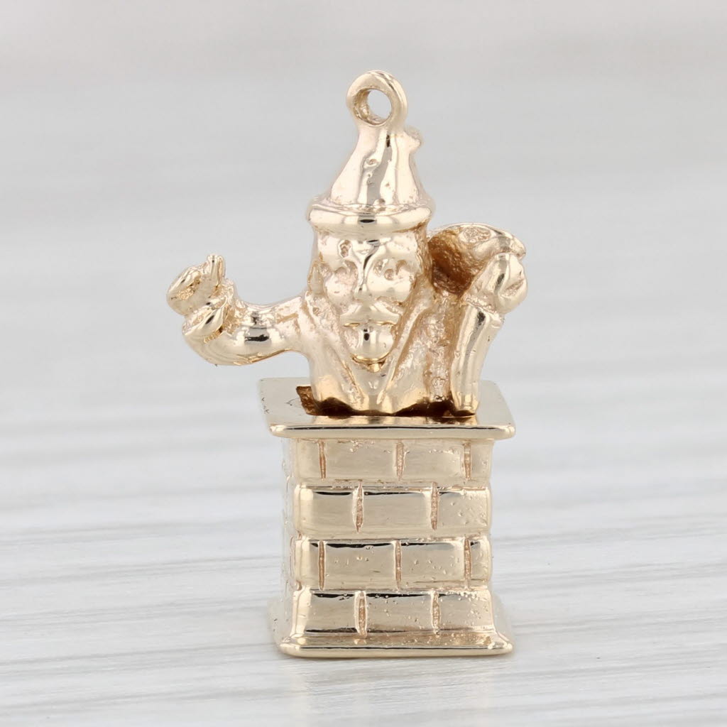 Light Gray Santa in Chimney Charm 10k Gold Christmas Holiday Jewelry 3D Figural Pendant