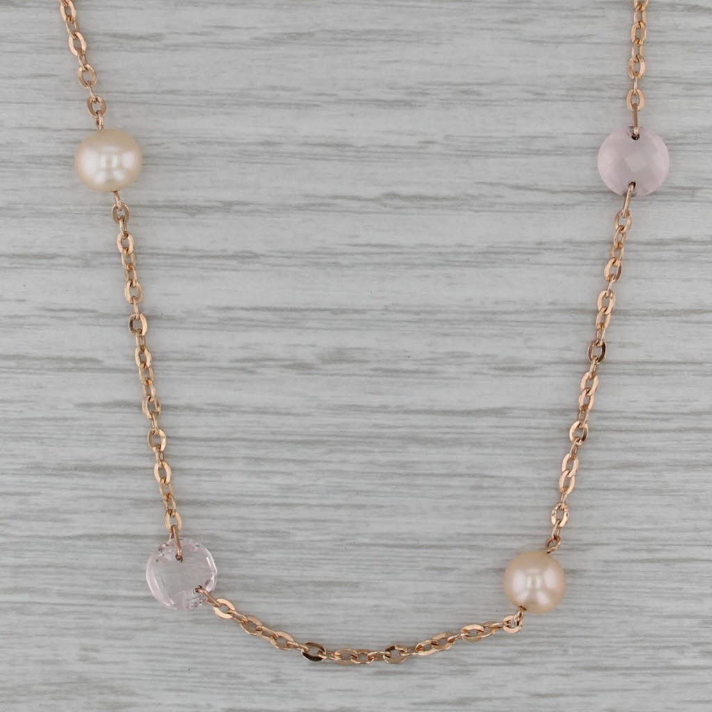 Cultured Pearl Rose Quartz Station Necklace 14k Rose Gold 24.5" Adjustable