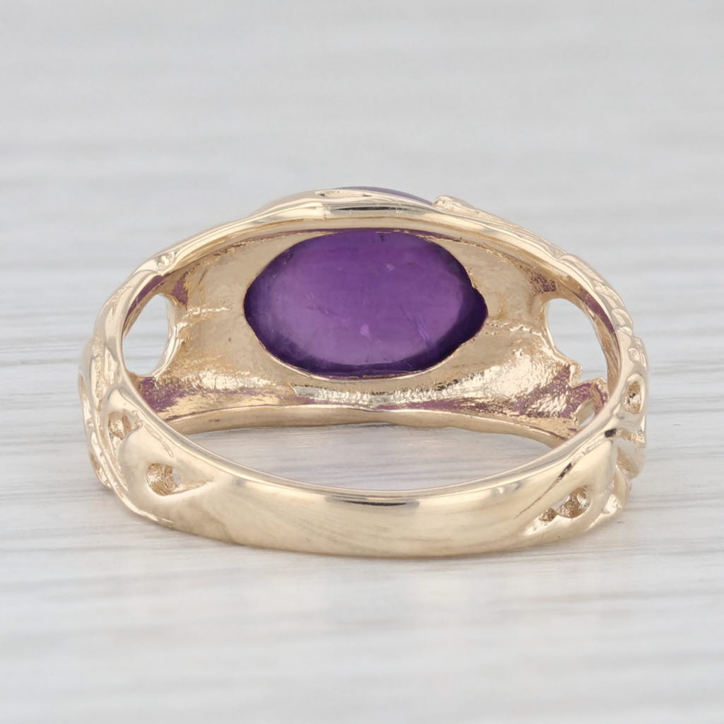 Light Gray Oval Cabochon Amethyst Solitaire Ring 14k Yellow Gold Size 7 Ornate Vine Work