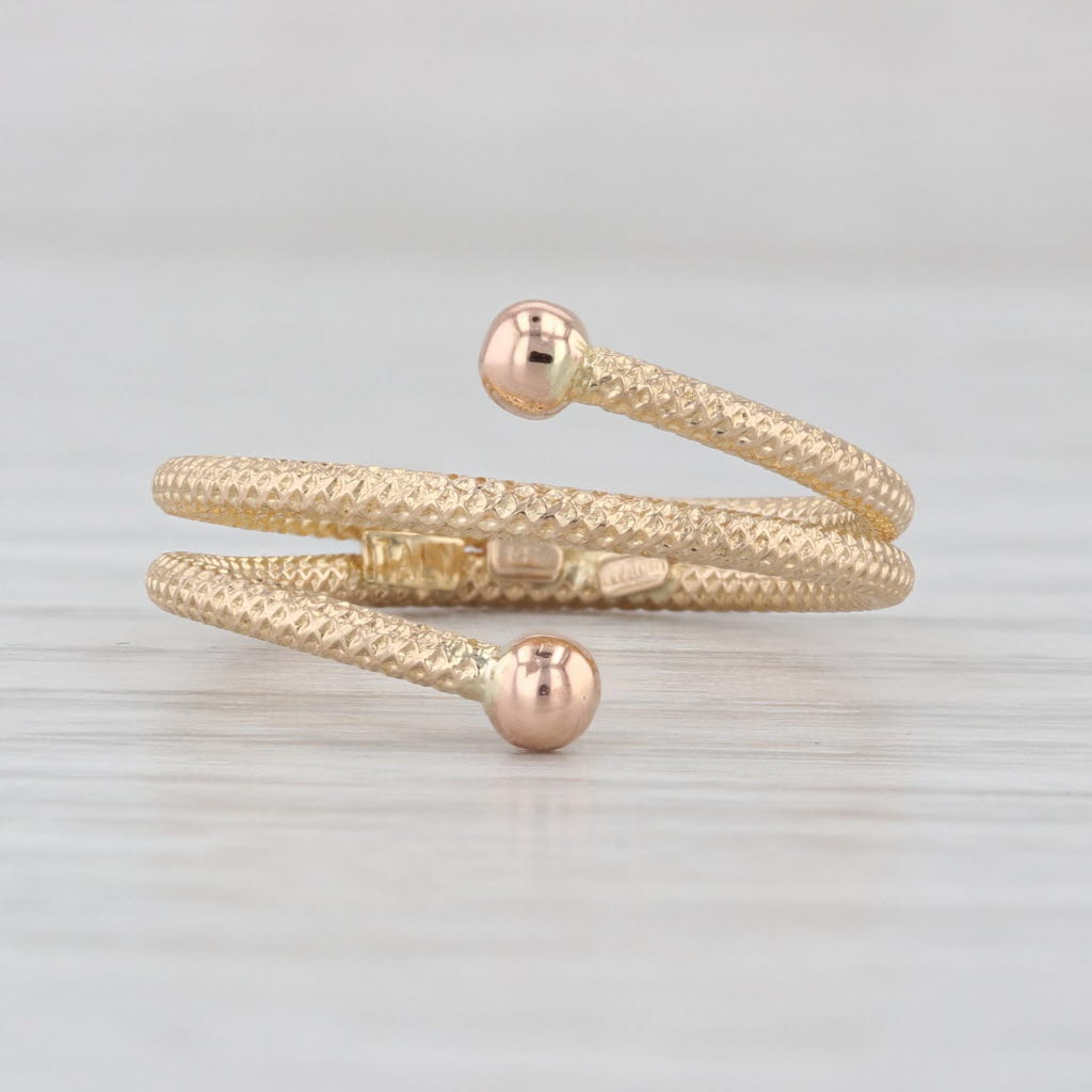 Coiled Bypass Ring 14k Yellow Gold Size 6.5 Bead Accented Etched Band