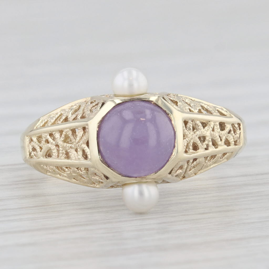 Light Gray Amethyst Cabochon Cultured Pearls Ring 14k Yellow Gold Filigree Size 9