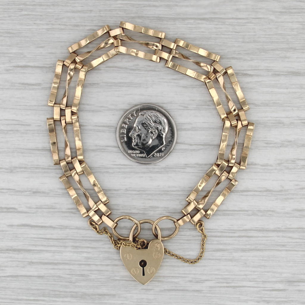 Antique Heart Lock Bracelet 9k Yellow Gold 6.75" 9mm