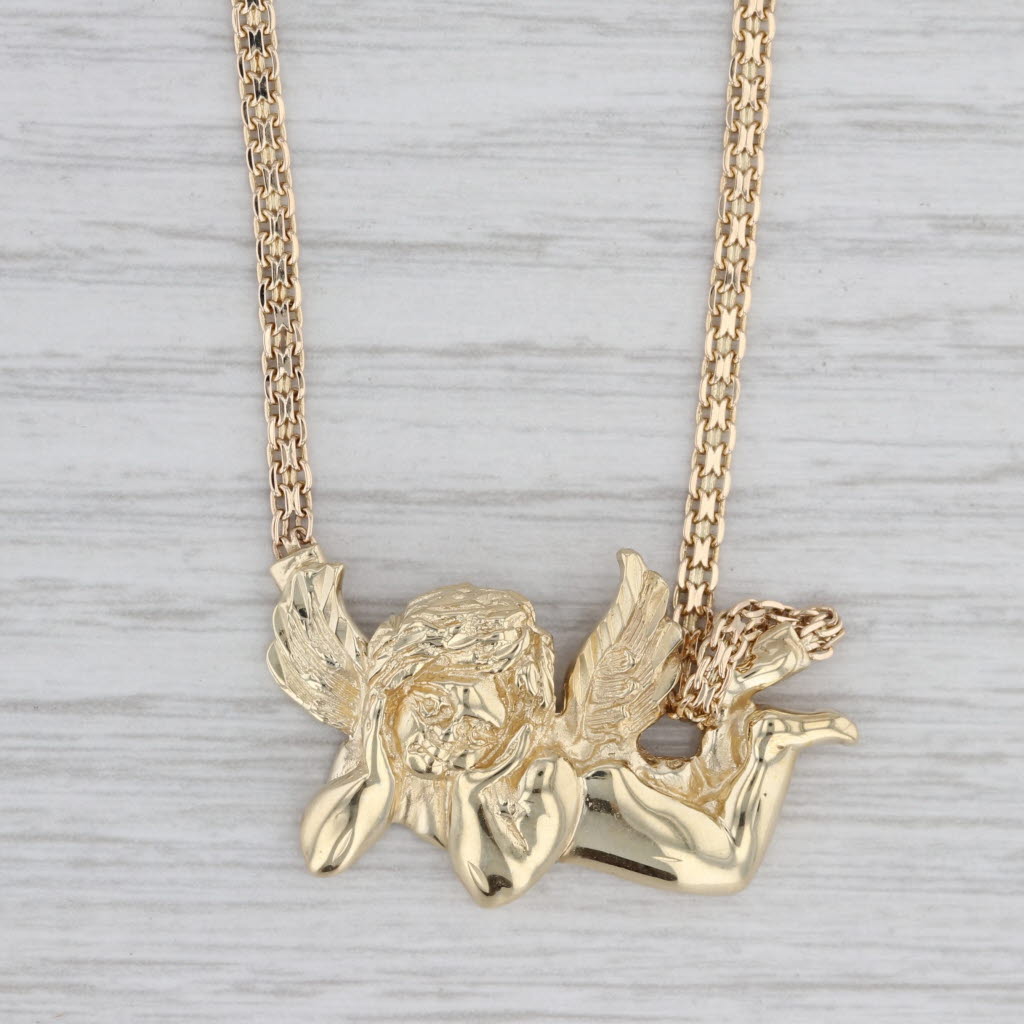 Gray Guardian Angel Cherub Pendant Necklace 14k Yellow Gold 16.25" Bismarck Chain