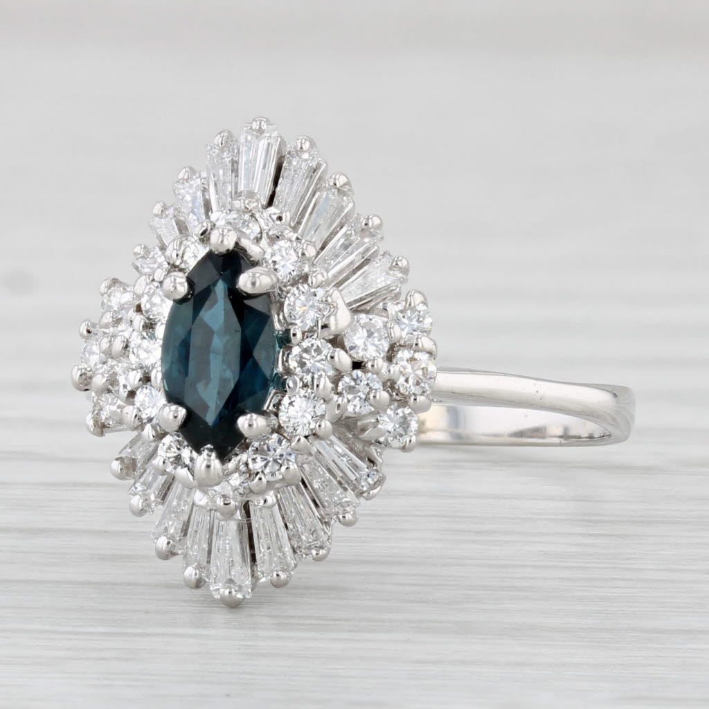 Light Gray Vintage 1.42ctw Marquise Blue Sapphire Diamond Halo Ring 18k White Gold Sz 9.5