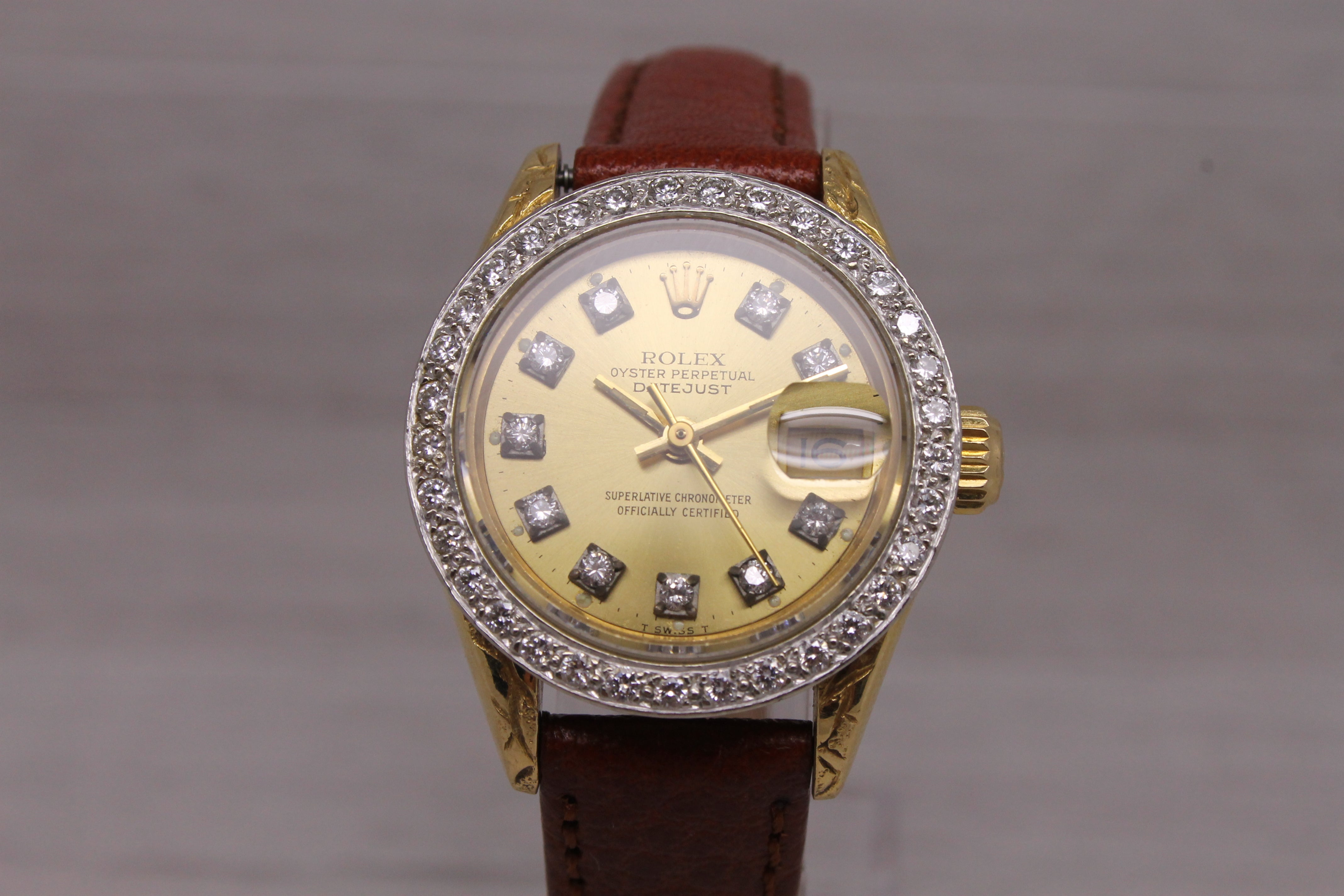 Dim Gray Vintage 1985 Rolex Datejust 69178 Ladies President 18k Gold & Diamond Bezel Box