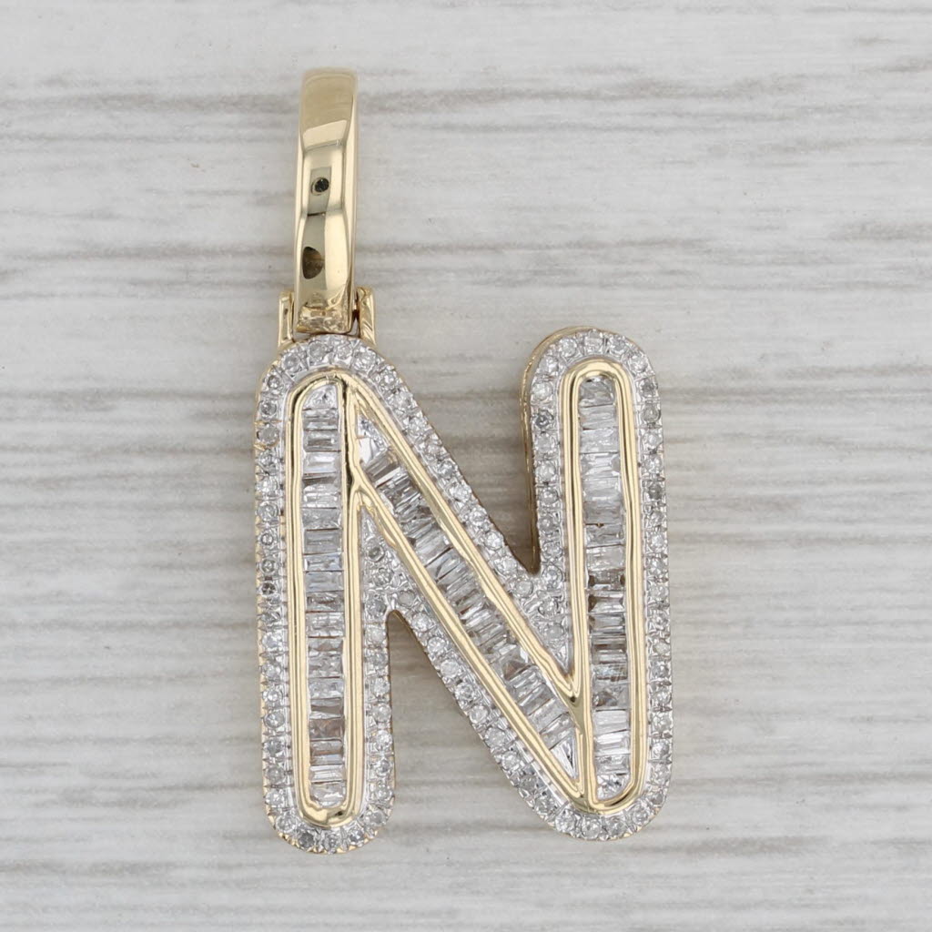 Gray 0.52ctw Diamond Letter Initial "N" Pendant 10k Yellow Gold