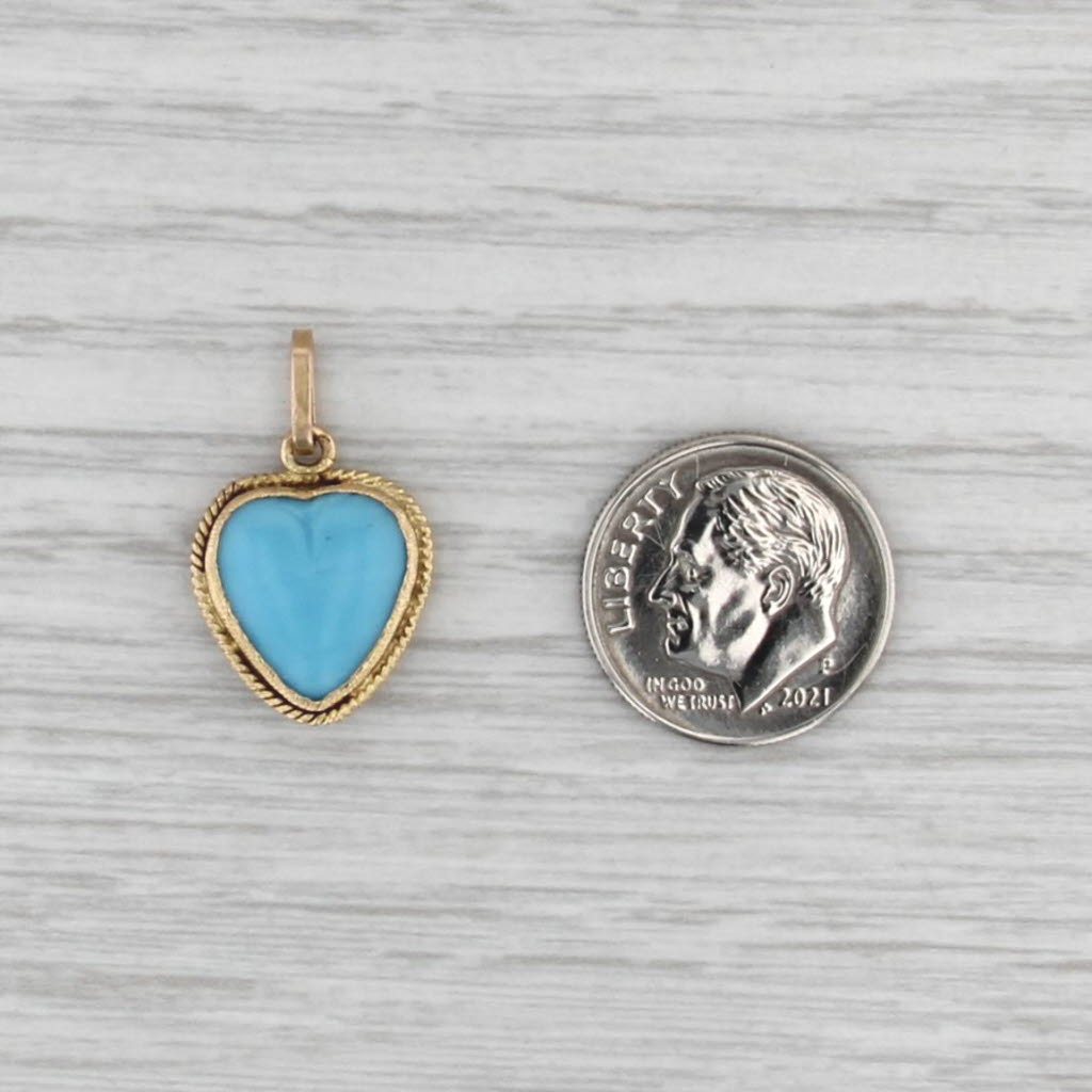 Blue Molded Glass Cabochon Heart Pendant Necklace 14k Yellow Gold Charm