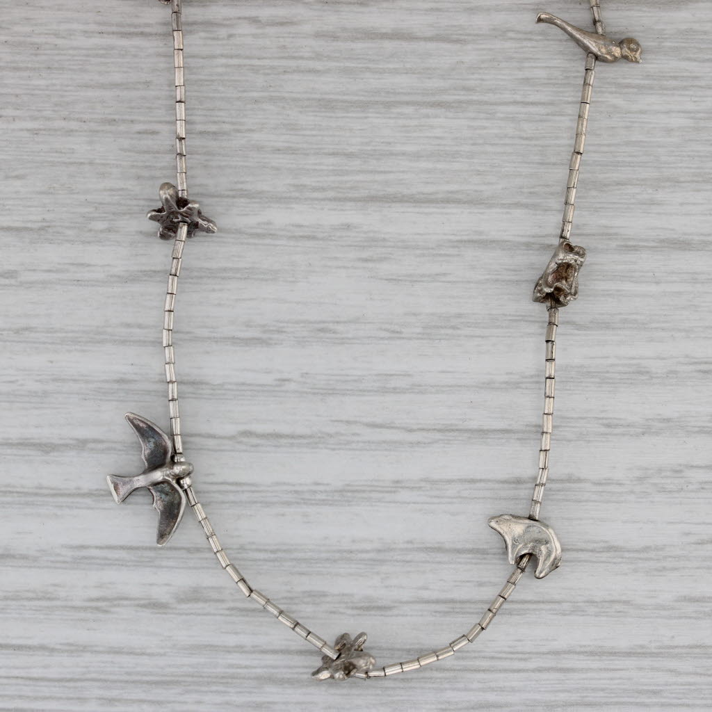 Gray Native American Liquid Silver Bear Turtle Bird Frog Station Necklace 28"