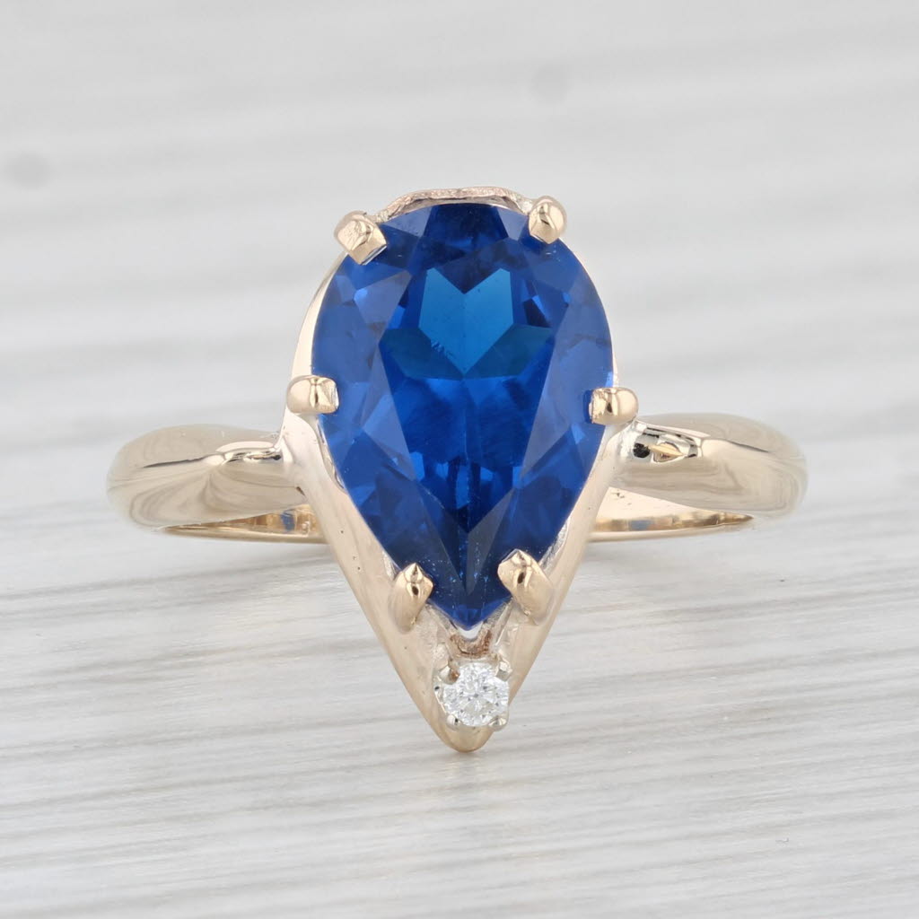 Light Gray 2.10ct Blue Lab Created Spinel Teardrop Ring 14k Yellow Gold Sz 3 Diamond Accent