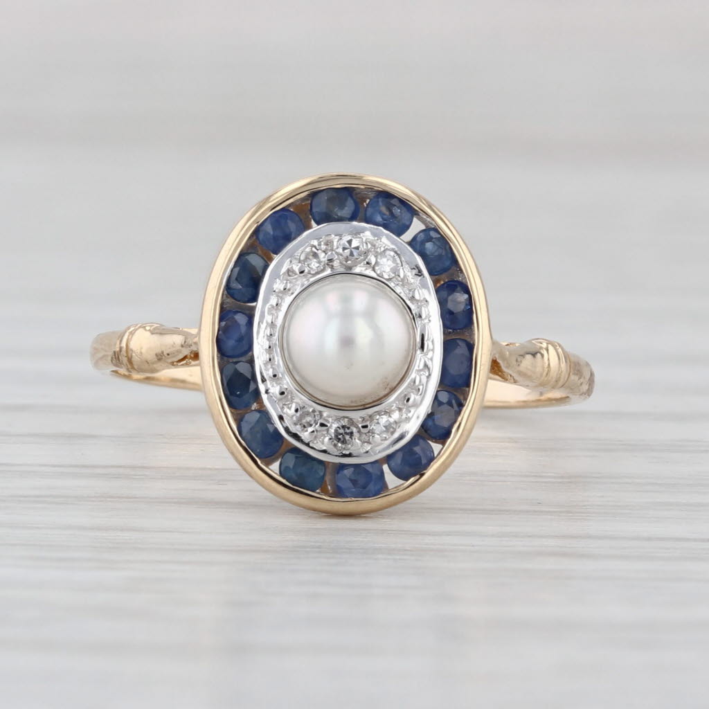 Vintage Cultured Pearl Sapphire Diamond Halo Ring 14k Yellow Gold Size 7.75