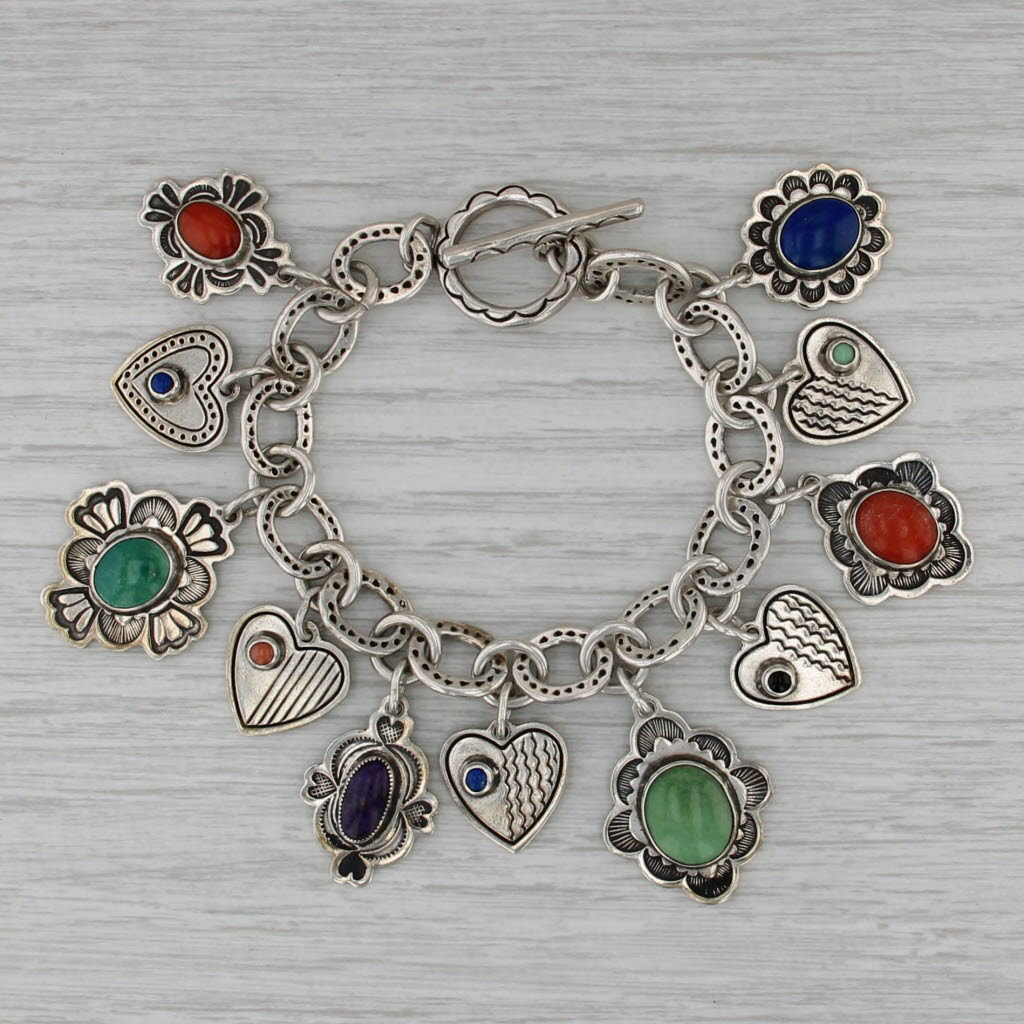 Don Lucas Multistone Hearts Flowers Charm Bracelet Sterling Silver 6.5"
