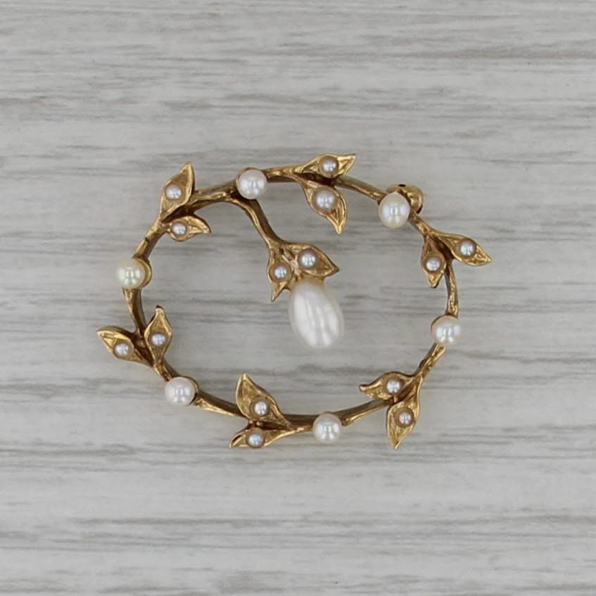 Vintage Seed Pearl Wreath Brooch 14k Yellow Gold Pin