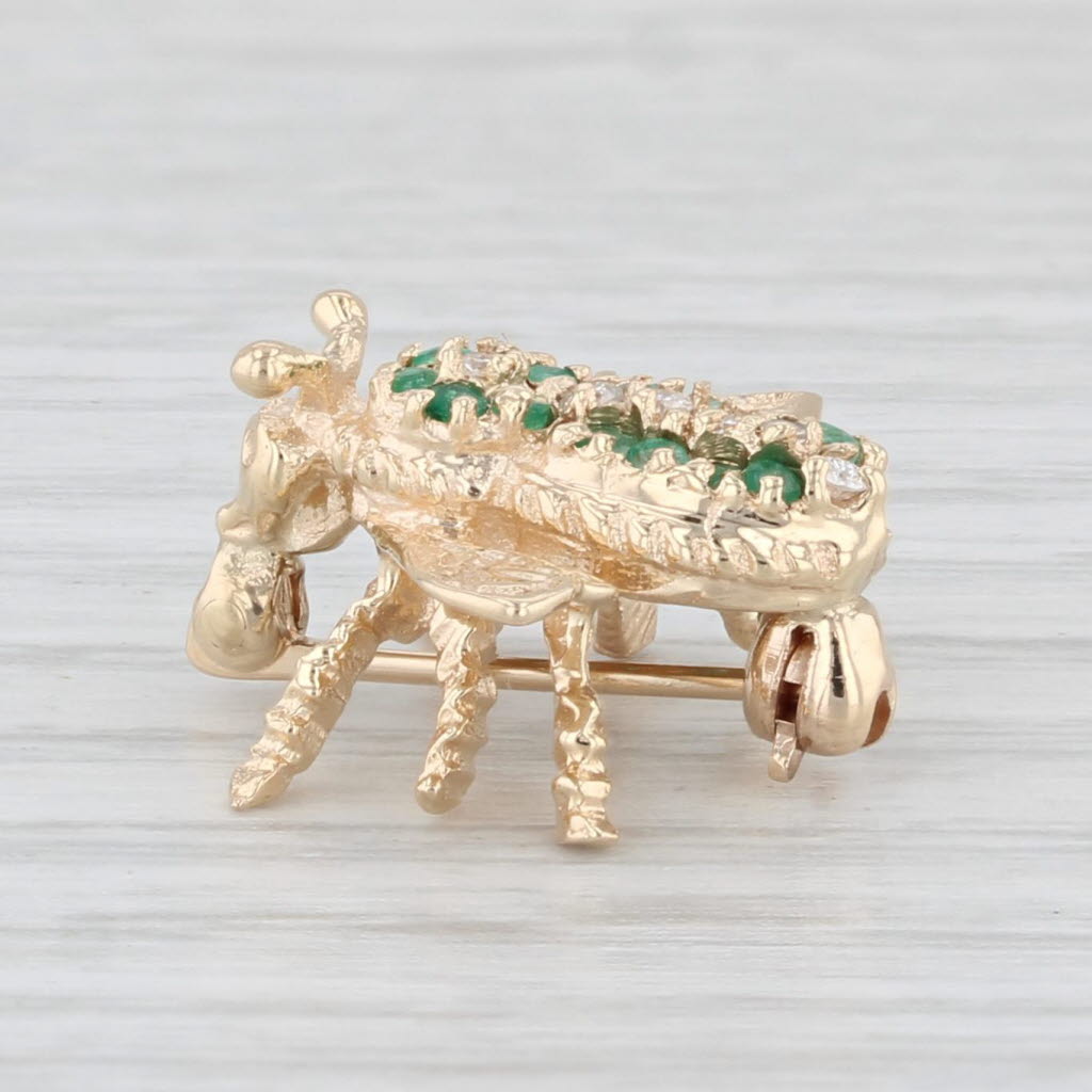 Light Gray Small 0.22ctw Emerald Diamond Bee Bug Pin 14k Yellow Gold