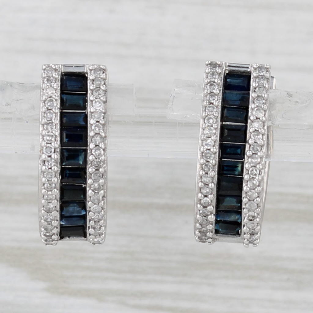 Light Gray 0.86ctw Sapphire Diamond Hoop Earrings 10k White Gold Hinged Hoops