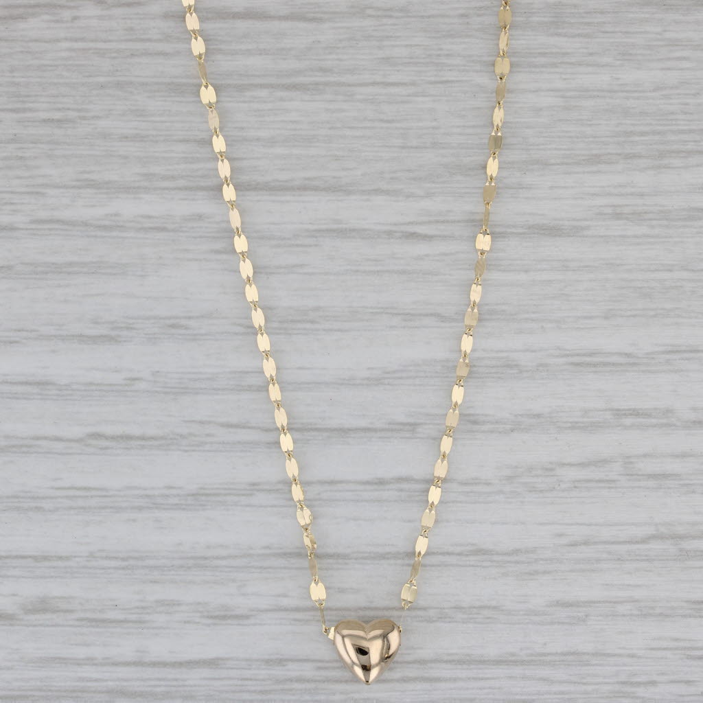 Gray Puffy Heart Pendant Mirror Chain Necklace 14k Yellow Gold 16" 18"