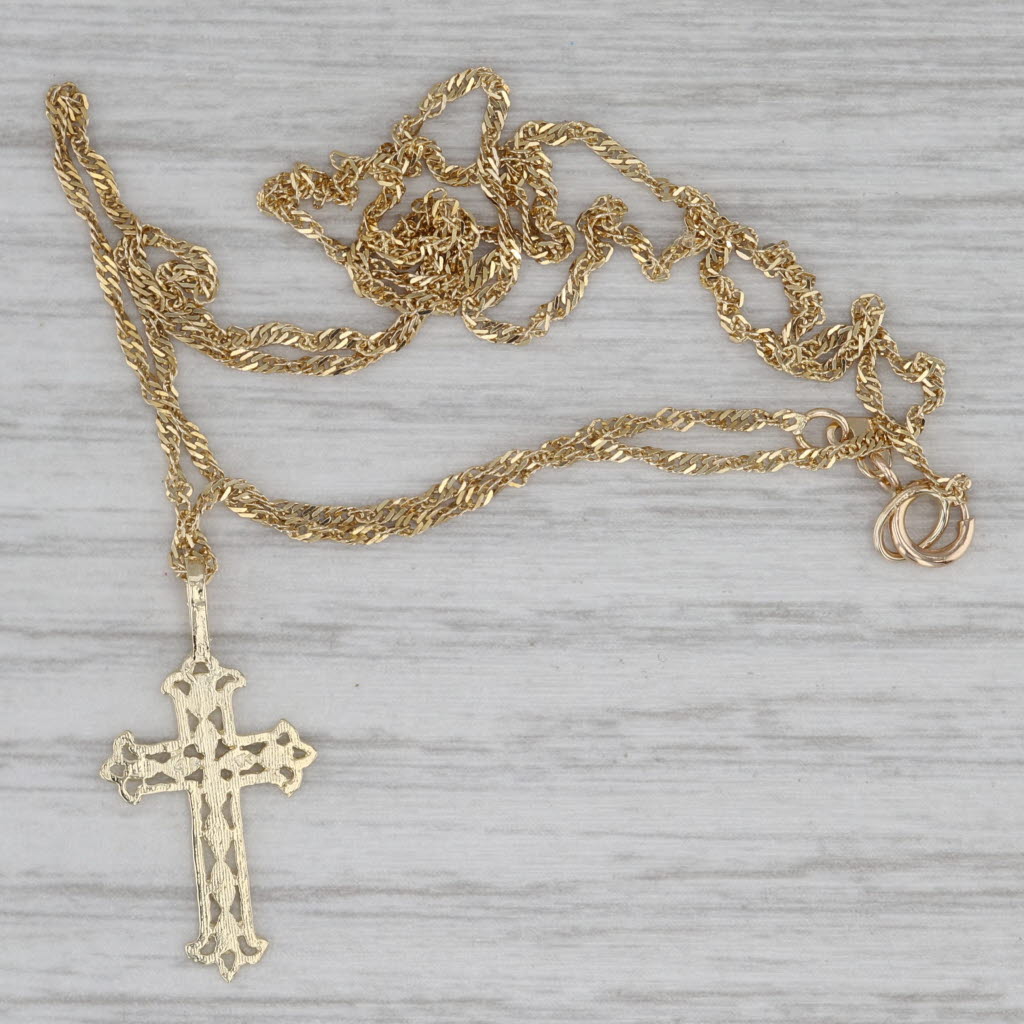 Gray Openwork Cross Pendant Necklace 14k Yellow Gold 18.75" Singapore Chain