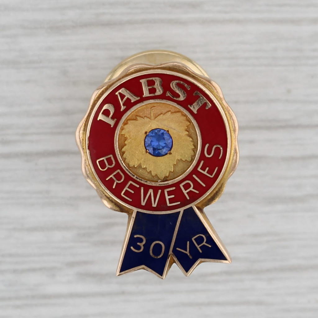 Gray Pabst Blue Ribbon Breweries 30 Years Service Pin 10k Gold Lab Created Sapphire