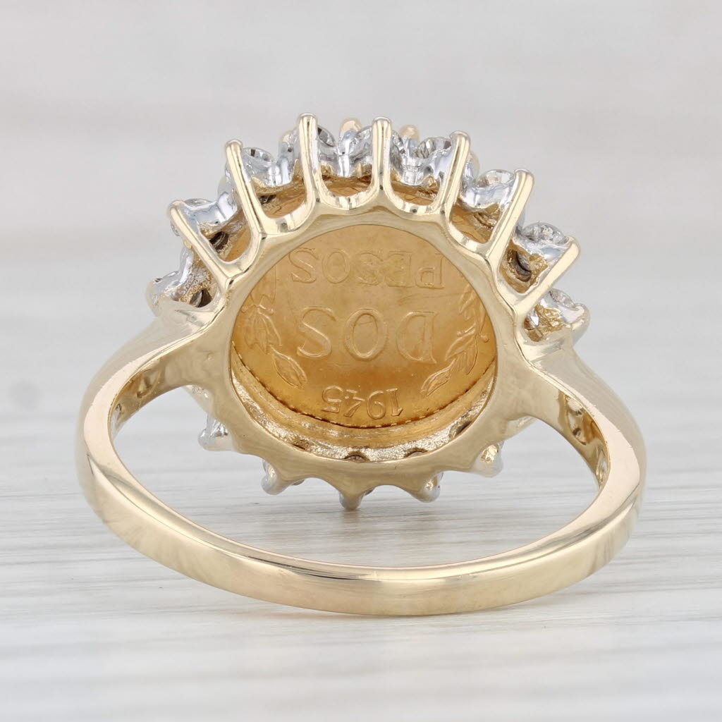 Light Gray 1945 Dos Pesos Coin Ring 0.40ctw Diamond 14k 900 Yellow Gold Size 9 Mexico