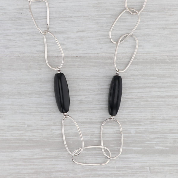 Gray Onyx Bead Oval Link Necklace Sterling Silver Long Layering Statement Chain