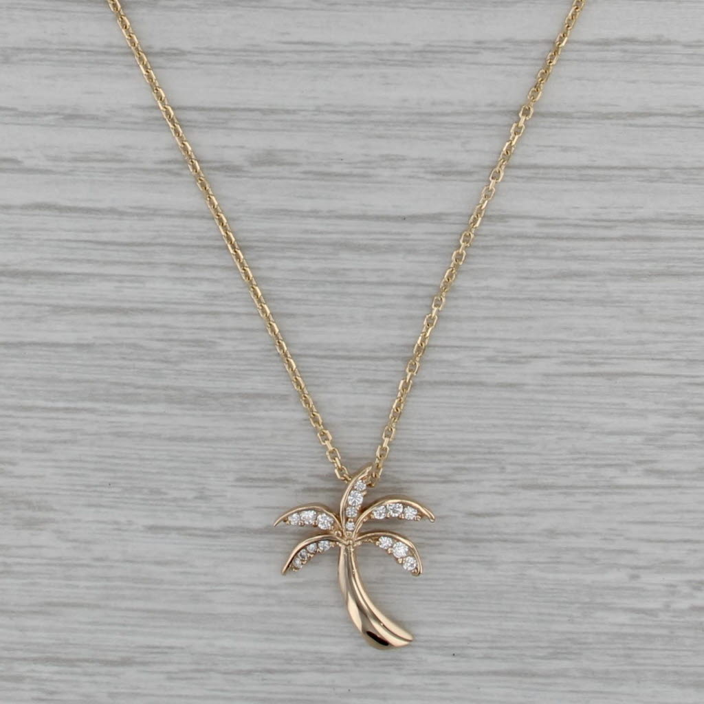 0.20ctw Diamond PalmTree Pendant Necklace 14k Yellow Gold 20" Cable Chain