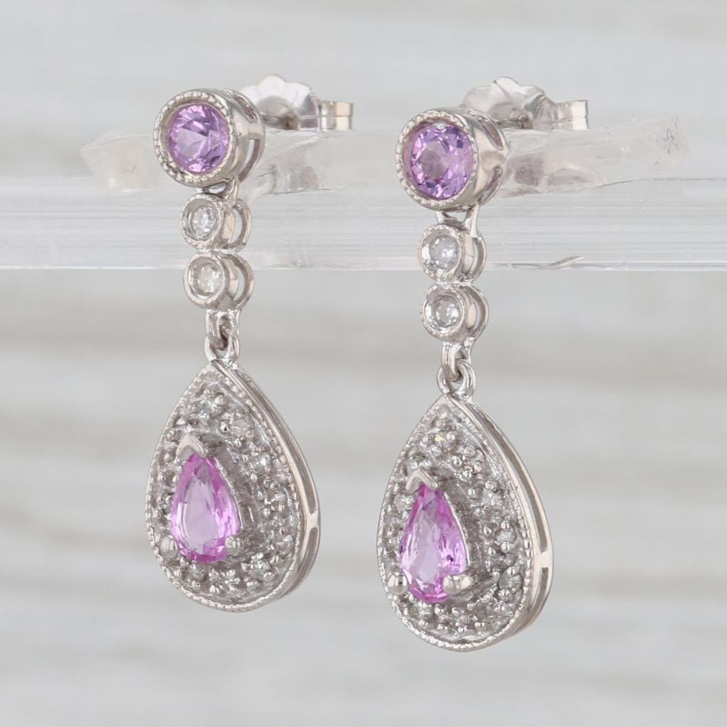 1.02ctw Pink Sapphire Diamond Teardrop Dangle Earrings 10k White Gold