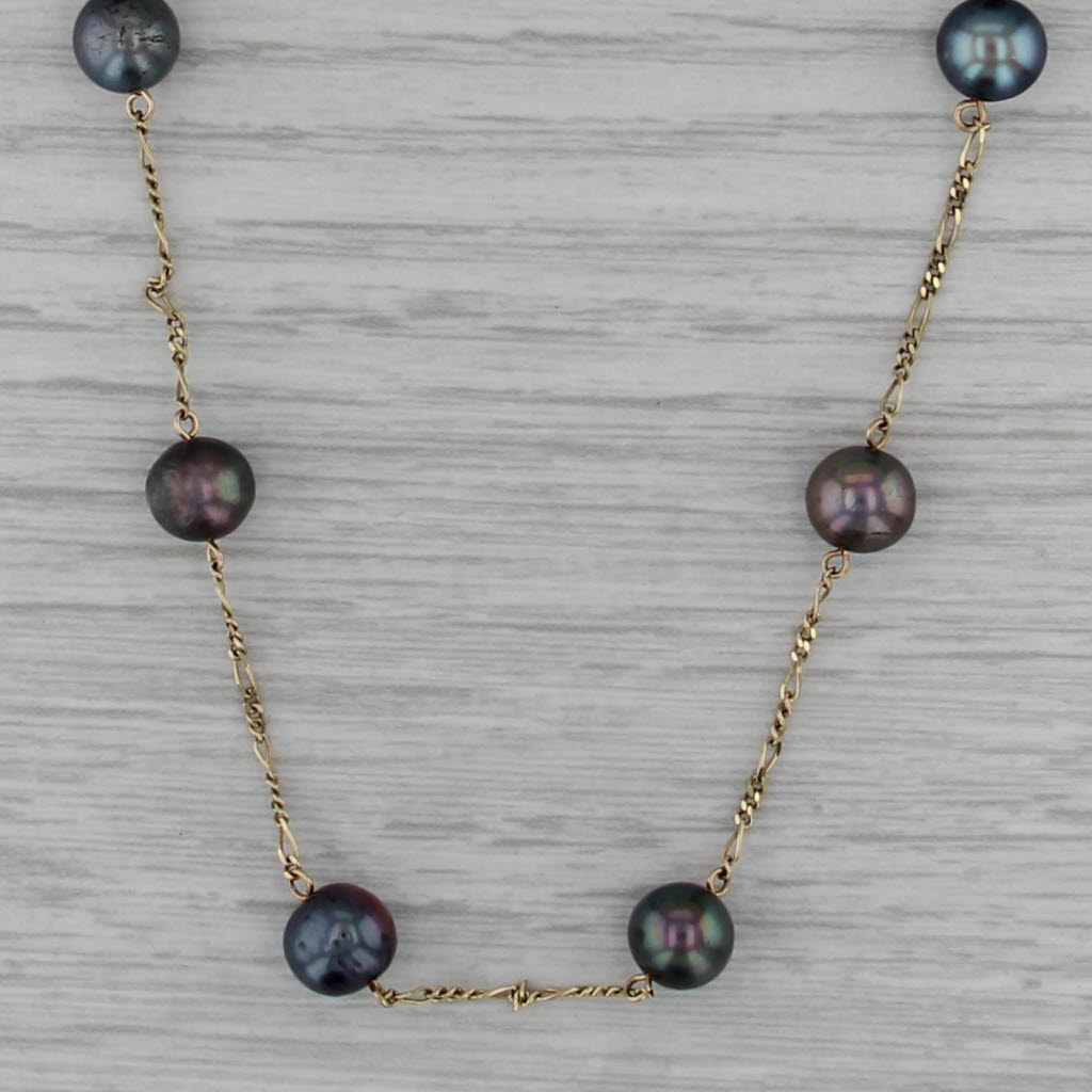 Black Cultured Pearl Station Necklace 14k Yellow Gold 17.5" Figaro Chain