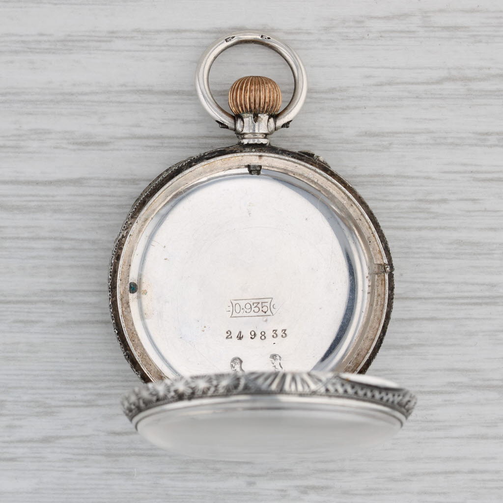 Gray Antique Pocket Watch Shaker Case Pendant Silver Enamel Floral Engraved