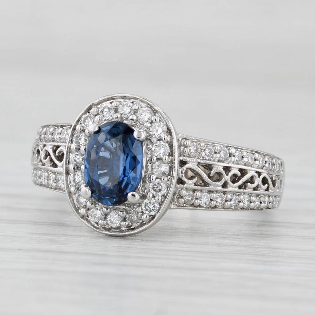 Light Gray 1.39ctw Lab Created Blue Sapphire Diamond Halo Ring 14k White Gold Engagement