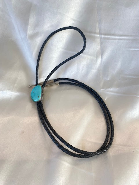 Turquoise Slide Bolo Tie Sterling Silver Vintage Native American Leather Cord