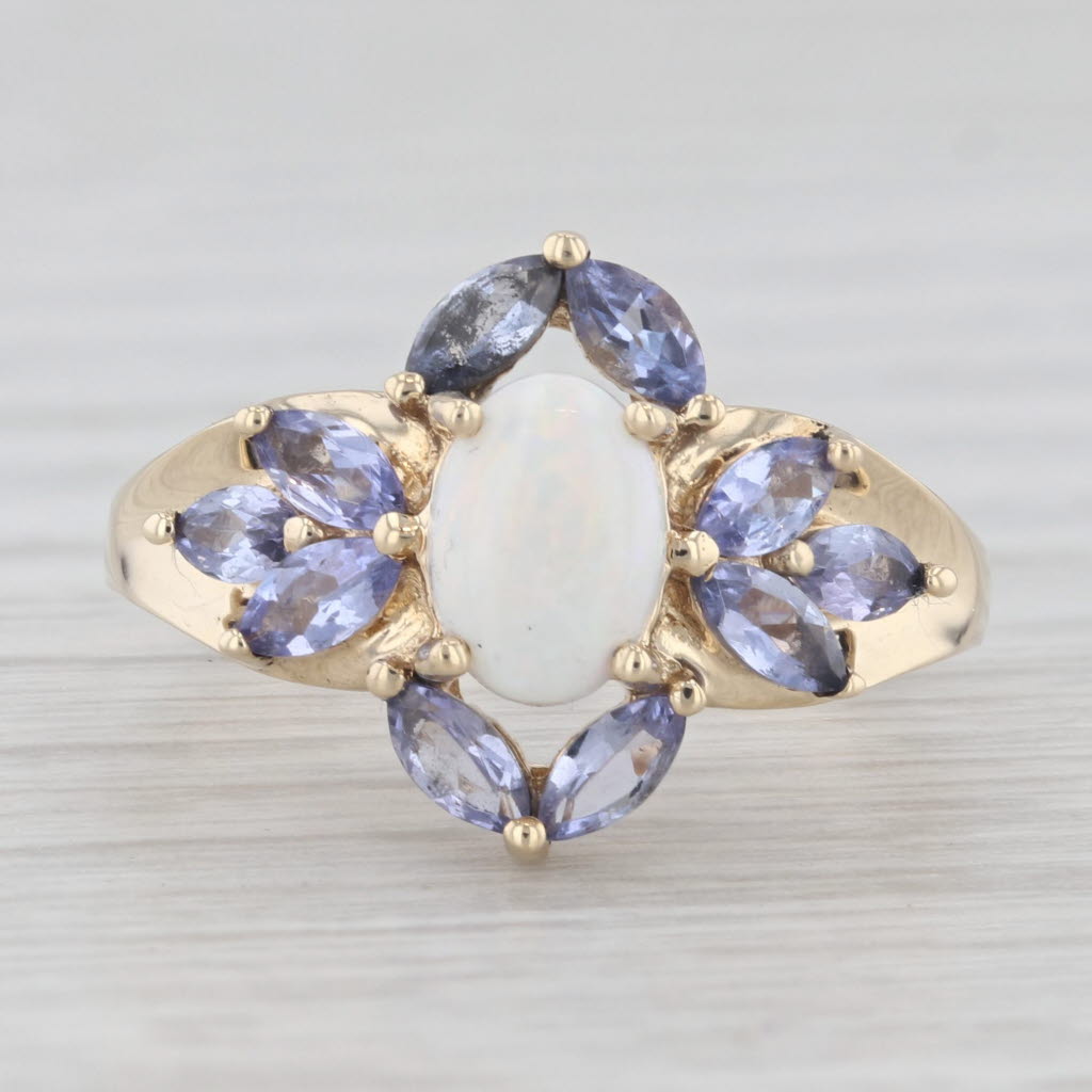 Light Gray Oval Opal 0.5ctw Tanzanite Ring 10k Yellow Gold Size 6