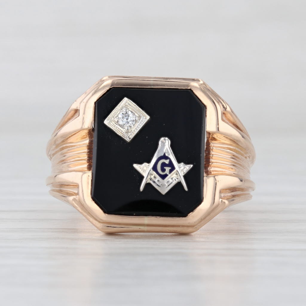 Onyx Diamond Signet Masonic Ring 14k Gold Blue Lodge Square Compass Church Co