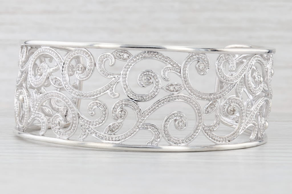 Light Gray Diamond Ornate Openwork Cuff Bracelet Sterling Silver 7" 25.8mm Statement