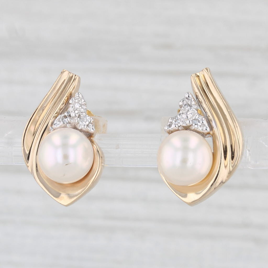 Light Gray Cultured Pearl Diamond Stud Earrings 14k Yellow Gold