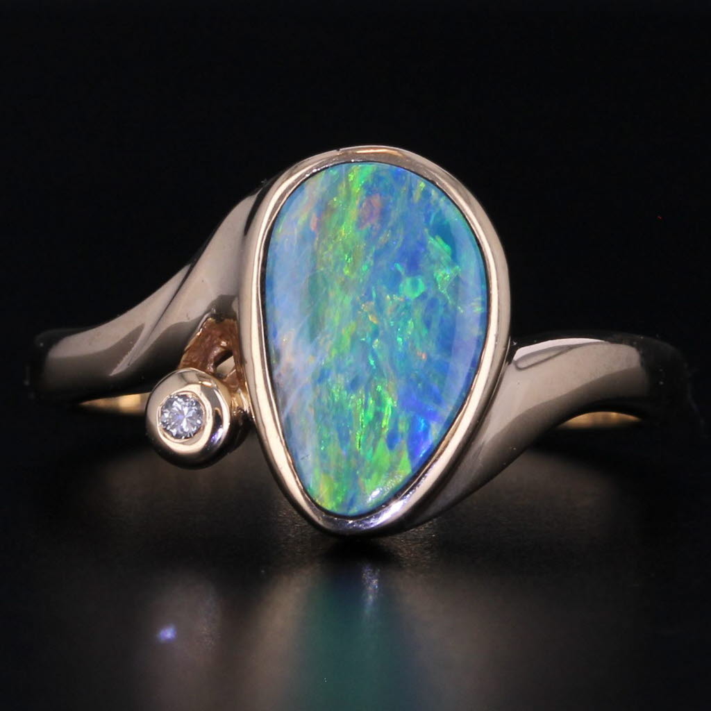 Black Multicolor Opal Ring 14k Yellow Gold Bypass Size 6 Diamond Accent