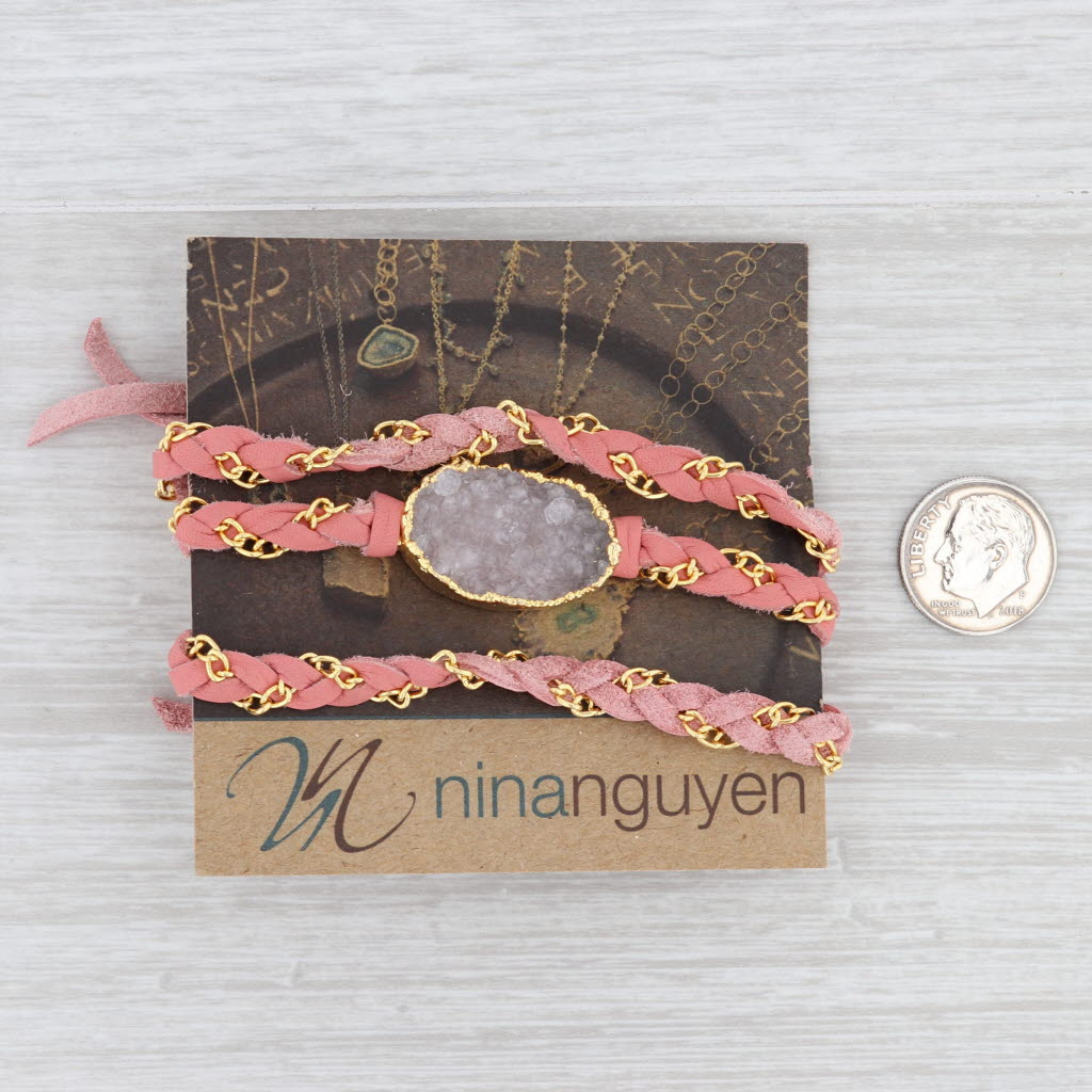 New Nina Wynn Cordelia Necklace Woven Pink Leather White Druzy Pendant NWT