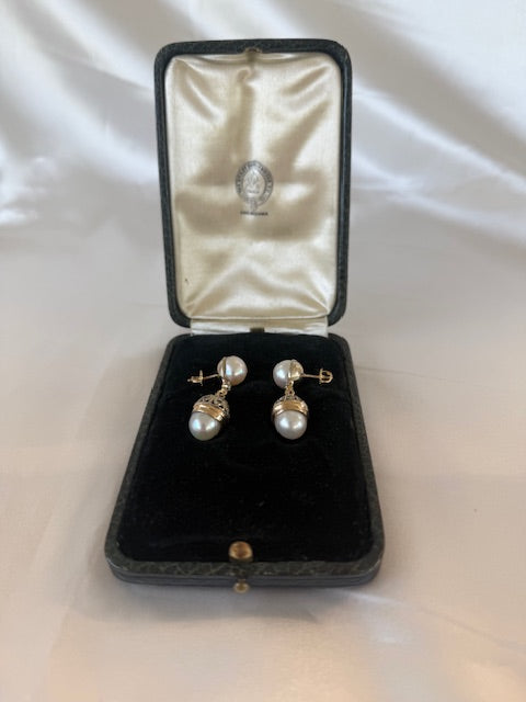 Gray Antique Cultured Pearl Diamond Dangle Earrings Silver Gold w/ Box Screw Backs