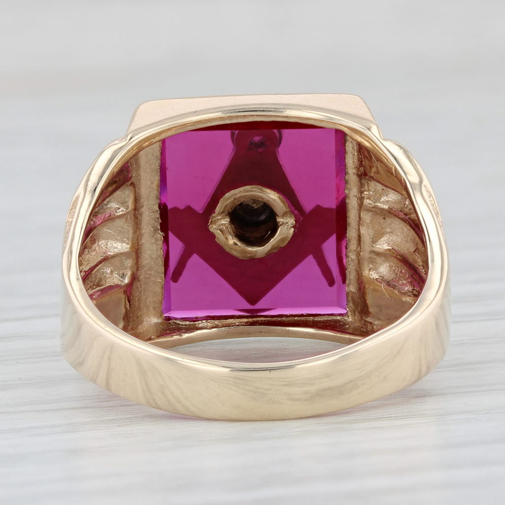 Light Gray Masonic Signet Ring 10k Gold Lab Created Ruby Diamond Blue Lodge Square Compass