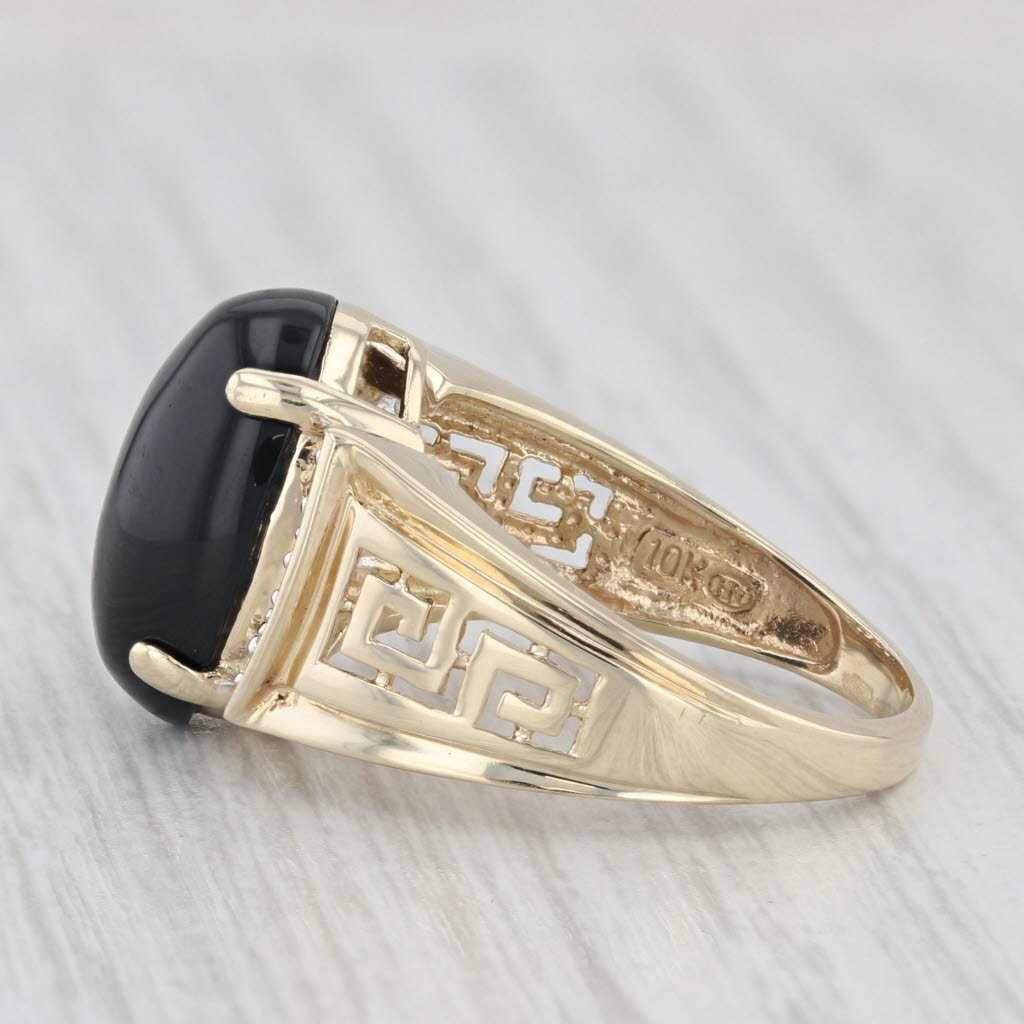 Light Gray Onyx Cabochon Onyx Solitaire Ring 10k Yellow Gold Size 7.25 Greek Key Pattern