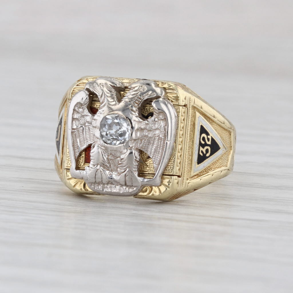 Vintage Diamond Masonic Scottish Rite Signet Ring 14k Gold Size 9.25-9.5